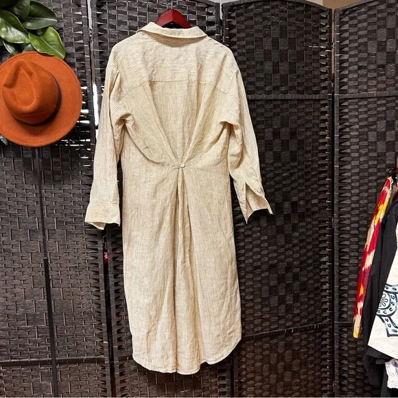 Faherty linen striped duster style midi T-shirt dress size medium khaki white - Picture 5 of 8